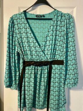 Apt. 9 Teal Circle-Print Wrap Blouse with Black Trim
